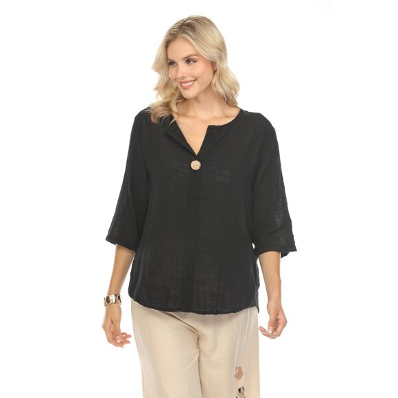Black 3/4 Sleeves Top with Bamboo Button - Picture 1 of 8